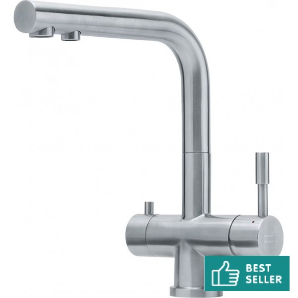 Μπαταρία κουζίνας επικαθήμενη από inox με φίλτρο νερού Triflow, διπλής ροής, L-Spout, χρώμα: Χρωμέ επιφάνεια: Βουρτσισμένη Επικαθήμενες