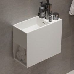 Νιπτήρας επίτοιχος 45x22x38 & ράφι, με υπερχείλιση με 1 γούρνα με οπή δεξιά χωρίς κολώνα από solid surface, χρώμα: Λευκό επιφάνεια: Ματ Επίτοιχοι