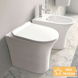 Σετ Λεκάνη επιδαπέδια ΥΠ (υψηλής πίεσης) + Κάλυμμα soft closing Rimless Sandwich slim εφαπτόμενη κάτω σιφώνι S / πίσω σιφώνι P 52x34 επιφάνεια: Γυαλιστερή, χρώμα: Λευκό Επιδαπέδιες ΥΠ