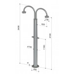 Στήλη ντους εξωτερικού χώρου από inox Υ2,40m, με 2 κεφαλές ντους Φ13cm & αυτοκλειόμενους διακόπτες AISI 316, χρώμα: Χρωμέ επιφάνεια: Βουρτσισμένη Εξωτερικού χώρου