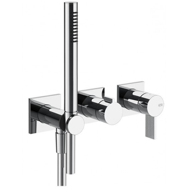 Shower tap Wall-mounted external part 2 way 3 holes material: Brass mixer with hand shower, hose and holder, color: Chrome surface: Glossy Wall-mounted - external part