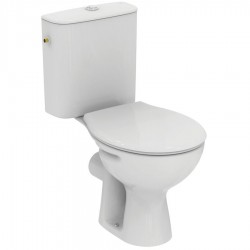 Floor standing close-coupled toilet & flushing cistern & toilet seat soft closing, style: Sandwich horizontal outlet p Simple Slim with rim 64x37 surface: Glossy, color: White Floor standing close-coupled