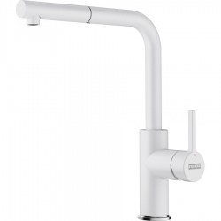 Kitchen tap Deck-mounted material: Brass with shower L-Spout, Polar White, color: White surface: Matt Deck-mounted