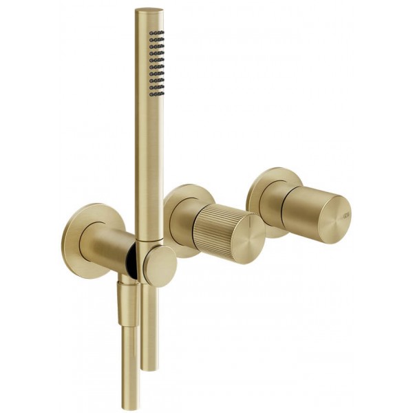Shower tap Wall-mounted external part 2 way 3 holes material: Brass mixer with hand shower, hose and holder, color: Gold surface: Brushed Wall-mounted - external part