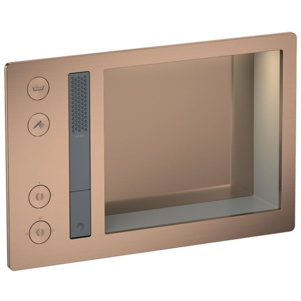 Shower tap Wall-mounted external part 2 way material: Brass thermostatic with hand shower, hose and holder With plate with separate exits, color: Pink Gold surface: Brushed Wall-mounted - external part Shower tap Wall-mounted external part 2 way material: Brass thermostatic with hand shower, hose and holder With plate with separate exits, color: Pink Gold surface: Brushed Wall-mounted - external part