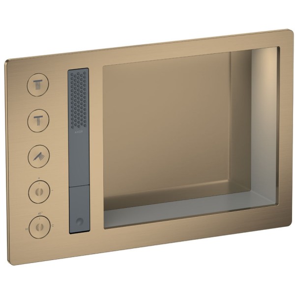 Shower tap Wall-mounted external part 3 way material: Brass thermostatic with hand shower, hose and holder With plate with separate exits with SHelf and Light Brushed Bronze, color: Bronze surface: Brushed Wall-mounted - external part Shower tap Wall-mounted external part 3 way material: Brass thermostatic with hand shower, hose and holder With plate with separate exits with SHelf and Light Brushed Bronze, color: Bronze surface: Brushed Wall-mounted - external part