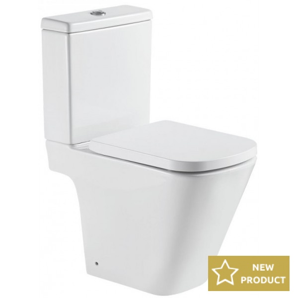 Floor standing close-coupled toilet & flushing cistern & toilet seat soft closing, style: Wrapover Simple vertical outlet / horizontal outlet p with rim 62cm surface: Glossy, color: White Floor standing close-coupled