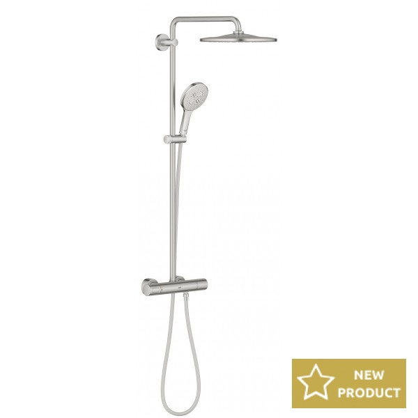 Shower tap with showerpipe and overhead shower Wall-mounted material: Brass thermostatic, color: Chrome surface: Brushed Wall-mounted exposed with showerpipe and overhead shower Shower tap with showerpipe and overhead shower Wall-mounted material: Brass thermostatic, color: Chrome surface: Brushed Wall-mounted exposed with showerpipe and overhead shower