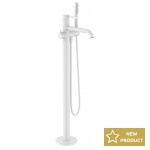 Bathtub tap Floor-standing external part material: Brass Single adjustment handle,built-in diverter,1,70m.spiral shower head and vertical support columns from the floor, color: White Matt surface: Matt