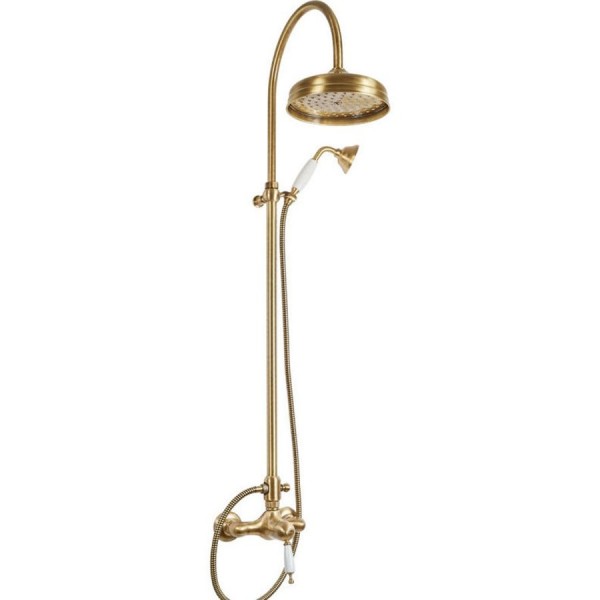 Shower tap with showerpipe and overhead shower Wall-mounted material: Brass mixer, color: Bronze surface: Brushed Wall-mounted exposed with showerpipe and overhead shower Shower tap with showerpipe and overhead shower Wall-mounted material: Brass mixer, color: Bronze surface: Brushed Wall-mounted exposed with showerpipe and overhead shower