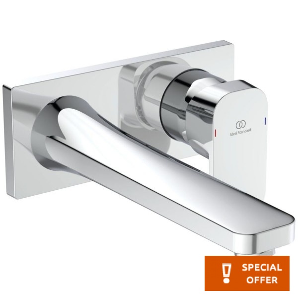 Wash basin tap Wall-mounted - external part mixer With plate Without waste, color: Chrome 22,5cm material: Brass surface: Glossy Wall-mounted - external part Wash basin tap Wall-mounted - external part mixer With plate Without waste, color: Chrome 22,5cm material: Brass surface: Glossy Wall-mounted - external part
