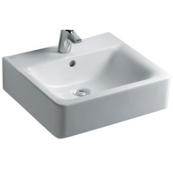 Νιπτήρας επίτοιχος 50x46x14 με δυνατότητα για ελεύθερη τοποθέτηση, με 1 γούρνα με μισή κολώνα / με υπερχείλιση / χωρίς κολώνα με οπή στη μέση από πορσελάνη, χρώμα: Λευκό επιφάνεια: Γυαλιστερή