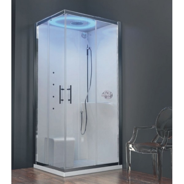 Hydromassage shower box Rectangular 100x80x214 right, & thermostatic tap, 8 jets, shower head R20, shower-rail & hand shower & hose, roof LED light & soap holder, color: Chrome Rectangular