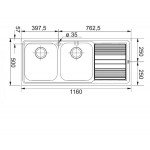 Sink Stainless (Steel) 116x50 material: Inox surface: Matt right nested 2 cabinet, color: Chrome Stainless steel