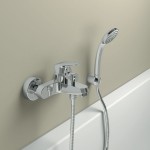 Μπαταρία μπανιέρας επίτοιχη από ορείχαλκο με τηλέφωνο, σπιράλ, στήριγμα αναμεικτική, χρώμα: Χρωμέ επιφάνεια: Γυαλιστερή Επίτοιχες