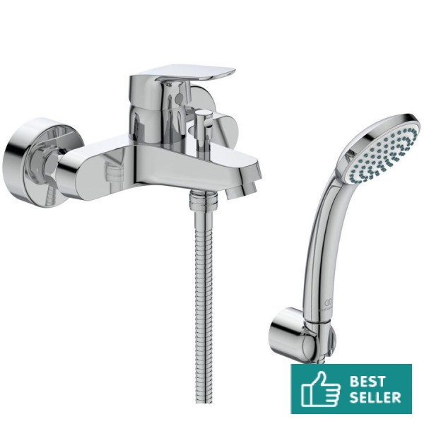 Μπαταρία μπανιέρας επίτοιχη από ορείχαλκο με τηλέφωνο, σπιράλ, στήριγμα αναμεικτική, χρώμα: Χρωμέ επιφάνεια: Γυαλιστερή Επίτοιχες