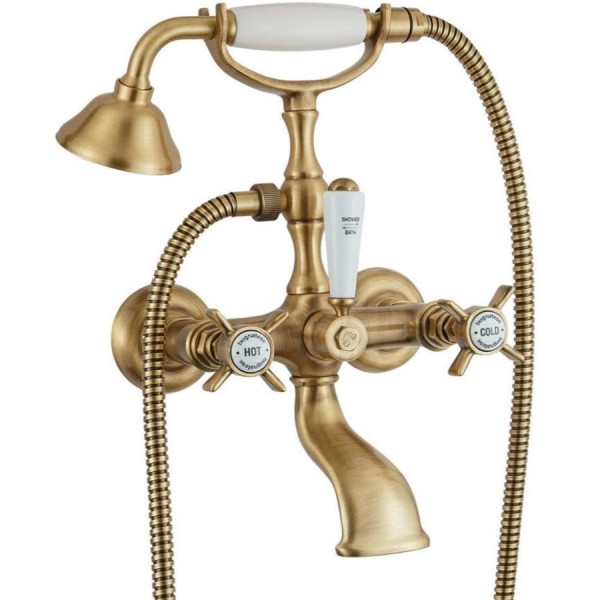 Bathtub tap Wall-mounted exposed material: Brass with hand shower, hose and holder dual-level mixer, color: Bronze surface: Matt Bathtub tap Wall-mounted exposed material: Brass with hand shower, hose and holder dual-level mixer, color: Bronze surface: Matt