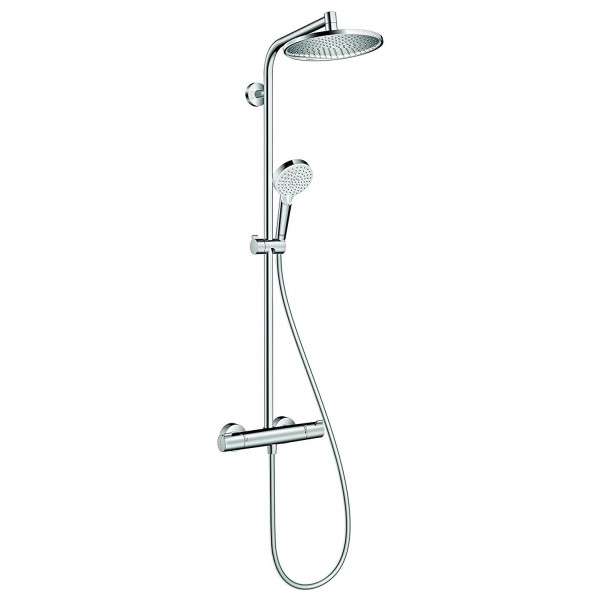 Shower tap with showerpipe and overhead shower Wall-mounted material: Brass thermostatic 240, color: Chrome surface: Glossy Wall-mounted exposed with showerpipe and overhead shower