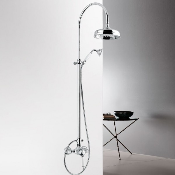 Bathtub tap with showerpipe and overhead shower Wall-mounted material: Brass mixer, color: Chrome surface: Glossy Wall-mounted exposed with showerpipe and overhead shower Bathtub tap with showerpipe and overhead shower Wall-mounted material: Brass mixer, color: Chrome surface: Glossy Wall-mounted exposed with showerpipe and overhead shower
