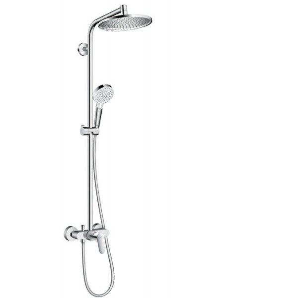 Shower tap with showerpipe and overhead shower Wall-mounted material: Brass mixer & hand shower & hose, color: Chrome surface: Glossy Wall-mounted exposed with showerpipe and overhead shower