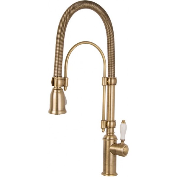 Μπαταρία κουζίνας επικαθήμενη από ορείχαλκο με ντους 2 ροών, old bronze, χρώμα: Μπρονζέ επιφάνεια: Βουρτσισμένη Επικαθήμενες