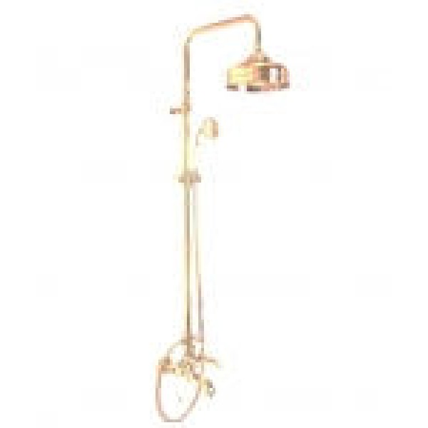 Bathtub tap with showerpipe and overhead shower Wall-mounted material: Brass mixer & hand shower Gold, color: Gold surface: Glossy Wall-mounted exposed with showerpipe and overhead shower Bathtub tap with showerpipe and overhead shower Wall-mounted material: Brass mixer & hand shower Gold, color: Gold surface: Glossy Wall-mounted exposed with showerpipe and overhead shower