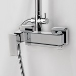 Bathtub tap with showerpipe and overhead shower Wall-mounted material: Brass mixer, color: Chrome surface: Glossy Wall-mounted exposed with showerpipe and overhead shower Bathtub tap with showerpipe and overhead shower Wall-mounted material: Brass mixer, color: Chrome surface: Glossy Wall-mounted exposed with showerpipe and overhead shower