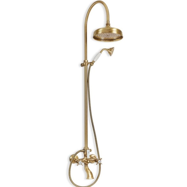Bathtub tap with showerpipe and overhead shower Wall-mounted material: Brass mixer, color: Bronze surface: Brushed Wall-mounted exposed with showerpipe and overhead shower Bathtub tap with showerpipe and overhead shower Wall-mounted material: Brass mixer, color: Bronze surface: Brushed Wall-mounted exposed with showerpipe and overhead shower