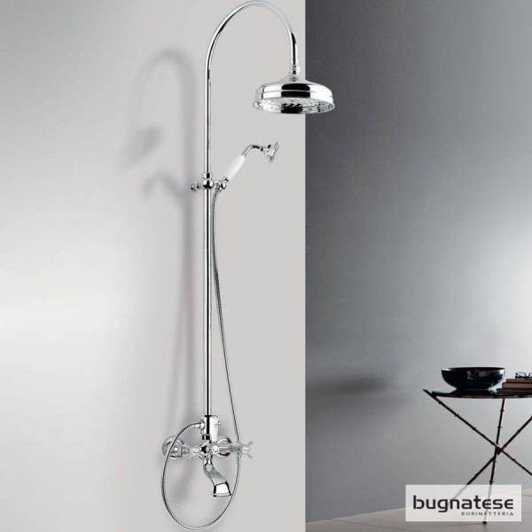 Bathtub tap with showerpipe and overhead shower Wall-mounted material: Brass mixer, color: Chrome surface: Glossy Wall-mounted exposed with showerpipe and overhead shower Bathtub tap with showerpipe and overhead shower Wall-mounted material: Brass mixer, color: Chrome surface: Glossy Wall-mounted exposed with showerpipe and overhead shower