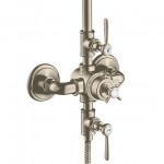 Shower tap with showerpipe and overhead shower Wall-mounted material: Brass mixer Brushed Nickel, color: Chrome surface: Brushed Wall-mounted exposed with showerpipe and overhead shower