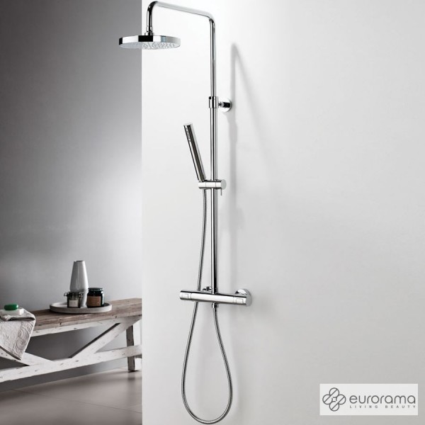 Bathtub tap with showerpipe and overhead shower Wall-mounted material: Brass thermostatic, color: Chrome surface: Glossy Wall-mounted exposed with showerpipe and overhead shower Bathtub tap with showerpipe and overhead shower Wall-mounted material: Brass thermostatic, color: Chrome surface: Glossy Wall-mounted exposed with showerpipe and overhead shower