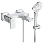 Bathtub tap Wall-mounted exposed material: Brass with hand shower, hose and holder mixer, color: Chrome surface: Glossy Wall-mouned exposed