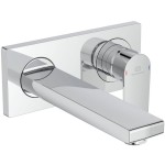 Wash basin tap Wall-mounted - external part mixer With plate Without waste, color: Chrome 19,1cm material: Brass surface: Glossy Wall-mounted - external part Wash basin tap Wall-mounted - external part mixer With plate Without waste, color: Chrome 19,1cm material: Brass surface: Glossy Wall-mounted - external part