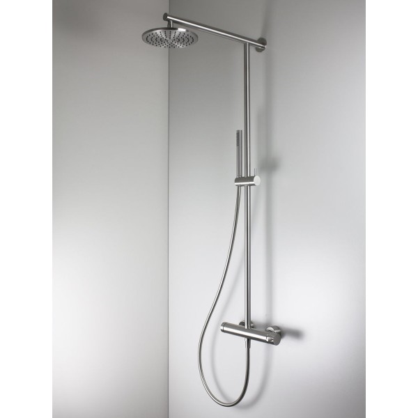 Shower tap with showerpipe and overhead shower Wall-mounted material: Inox mixer, color: Chrome surface: Brushed Wall-mounted exposed with showerpipe and overhead shower