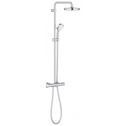 Shower tap with showerpipe and overhead shower Wall-mounted material: Brass thermostatic thermostatic, color: Chrome surface: Glossy Wall-mounted exposed with showerpipe and overhead shower