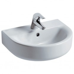 Washbasin Wall-mounted 45x36x14 semi pedestal / full pedestal  / no pedestal With 1 bowl With hole in the middle material: Porcelain, color: White surface: Glossy Wall-mounted