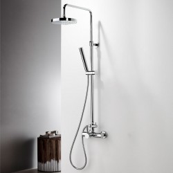 Μπαταρία ντουζιέρας με βέργα και κεφαλή ντους επίτοιχη αναμεικτική από ορείχαλκο Φ20cm, χρώμα: Χρωμέ επιφάνεια: Γυαλιστερή Επίτοιχες με βέργα και κεφαλή ντους