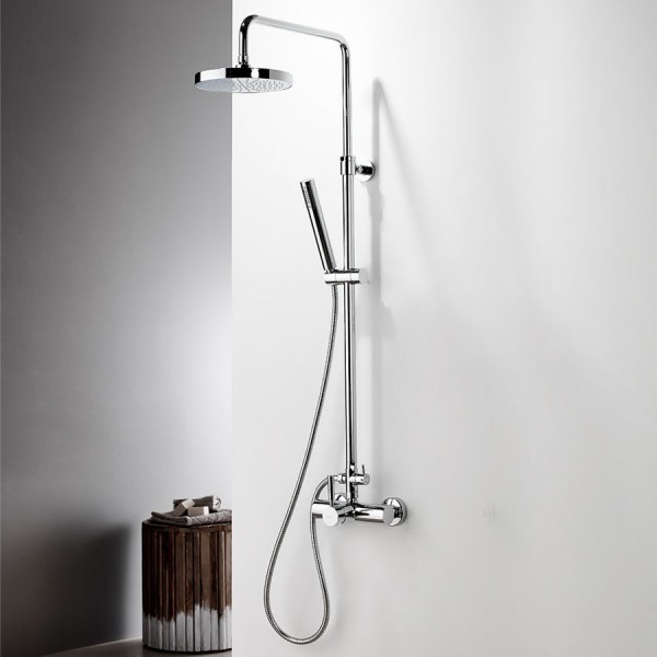 Shower tap with showerpipe and overhead shower Wall-mounted material: Brass mixer, color: Chrome surface: Glossy Wall-mounted exposed with showerpipe and overhead shower Shower tap with showerpipe and overhead shower Wall-mounted material: Brass mixer, color: Chrome surface: Glossy Wall-mounted exposed with showerpipe and overhead shower