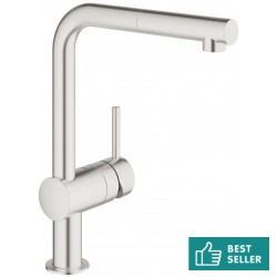 Μπαταρία κουζίνας επικαθήμενη από ορείχαλκο με ντους 1 ροής, L-Spout Supersteel, χρώμα: Χρωμέ επιφάνεια: Βουρτσισμένη