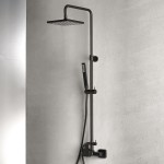 Shower tap with showerpipe and overhead shower Wall-mounted material: Brass mixer, color: Black surface: Matt Wall-mounted exposed with showerpipe and overhead shower