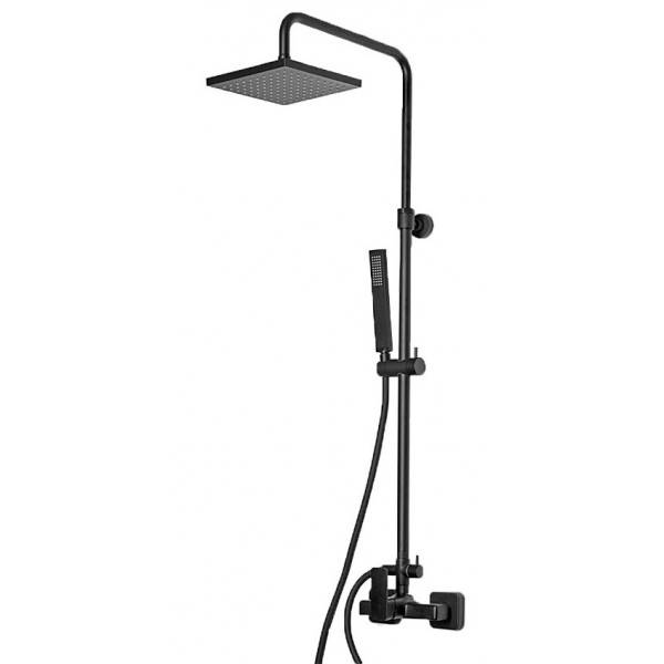 Shower tap with showerpipe and overhead shower Wall-mounted material: Brass mixer, color: Black surface: Matt Wall-mounted exposed with showerpipe and overhead shower