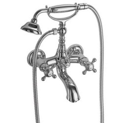 Bathtub tap Wall-mounted exposed material: Brass with hand shower, hose and holder dual-level mixer, color: Chrome surface: Glossy
