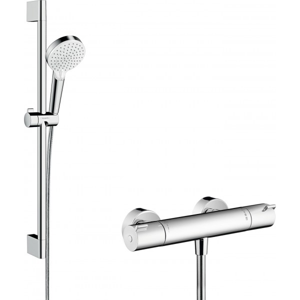 Shower tap Wall-mounted exposed material: Brass thermostatic with hand shower, hose and slider rail Ecostat 1001 CL, Vario, color: Chrome surface: Glossy Wall-mouned exposed Shower tap Wall-mounted exposed material: Brass thermostatic with hand shower, hose and slider rail Ecostat 1001 CL, Vario, color: Chrome surface: Glossy Wall-mouned exposed