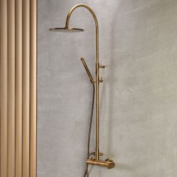 Shower tap with showerpipe and overhead shower Wall-mounted material: Brass mixer antique brass, color: Bronze surface: Brushed Wall-mounted exposed with showerpipe and overhead shower