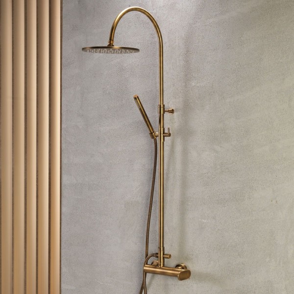Shower tap with showerpipe and overhead shower Wall-mounted material: Brass mixer antique brass, color: Bronze surface: Brushed Wall-mounted exposed with showerpipe and overhead shower Shower tap with showerpipe and overhead shower Wall-mounted material: Brass mixer antique brass, color: Bronze surface: Brushed Wall-mounted exposed with showerpipe and overhead shower