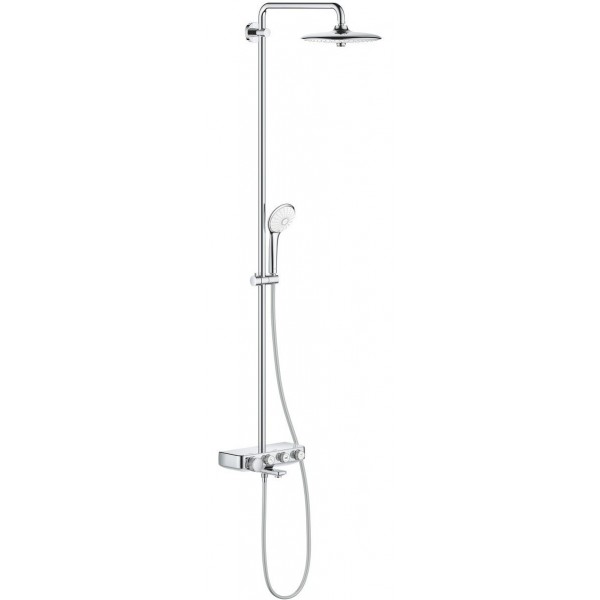 Bathtub tap with showerpipe and overhead shower Wall-mounted material: Brass thermostatic, color: Chrome surface: Glossy Wall-mounted exposed with showerpipe and overhead shower Bathtub tap with showerpipe and overhead shower Wall-mounted material: Brass thermostatic, color: Chrome surface: Glossy Wall-mounted exposed with showerpipe and overhead shower