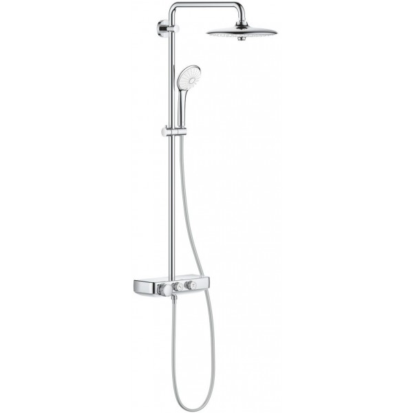 Shower tap with showerpipe and overhead shower Wall-mounted material: Brass thermostatic, color: Chrome surface: Glossy Wall-mounted exposed with showerpipe and overhead shower Shower tap with showerpipe and overhead shower Wall-mounted material: Brass thermostatic, color: Chrome surface: Glossy Wall-mounted exposed with showerpipe and overhead shower