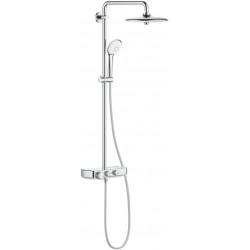 Shower tap with showerpipe and overhead shower Wall-mounted material: Brass thermostatic, color: Chrome surface: Glossy Wall-mounted exposed with showerpipe and overhead shower