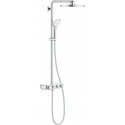 Shower tap with showerpipe and overhead shower Wall-mounted material: Brass thermostatic, color: Chrome surface: Glossy Wall-mounted exposed with showerpipe and overhead shower