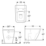 Floor standing toilet & toilet seat soft closing, style: Wrapover back to wall Rimless vertical outlet 56x35,5 surface: Glossy, color: White Floor standing toilet & toilet seat soft closing, style: Wrapover back to wall Rimless vertical outlet 56x35,5 surface: Glossy, color: White